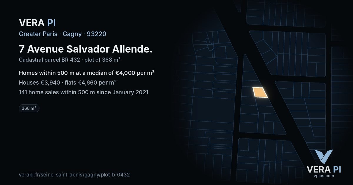 7 Avenue Salvador Allende, Gagny at night – the plot lit, the parcels around coloured by the prices near them