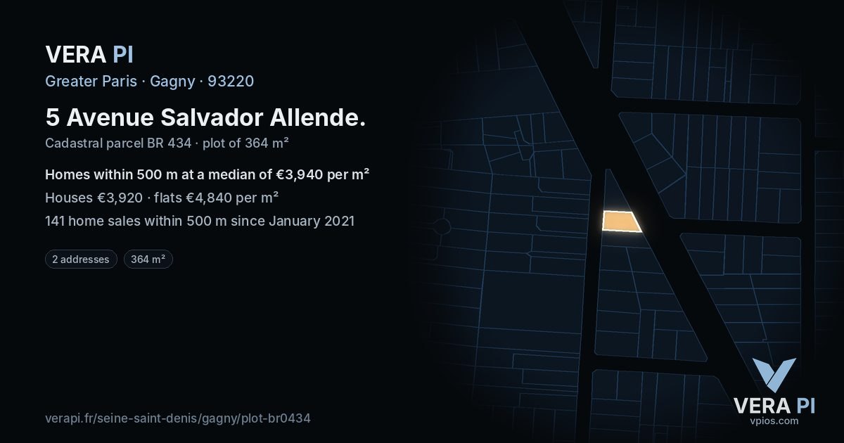 5 Avenue Salvador Allende, Gagny at night – the plot lit, the parcels around coloured by the prices near them