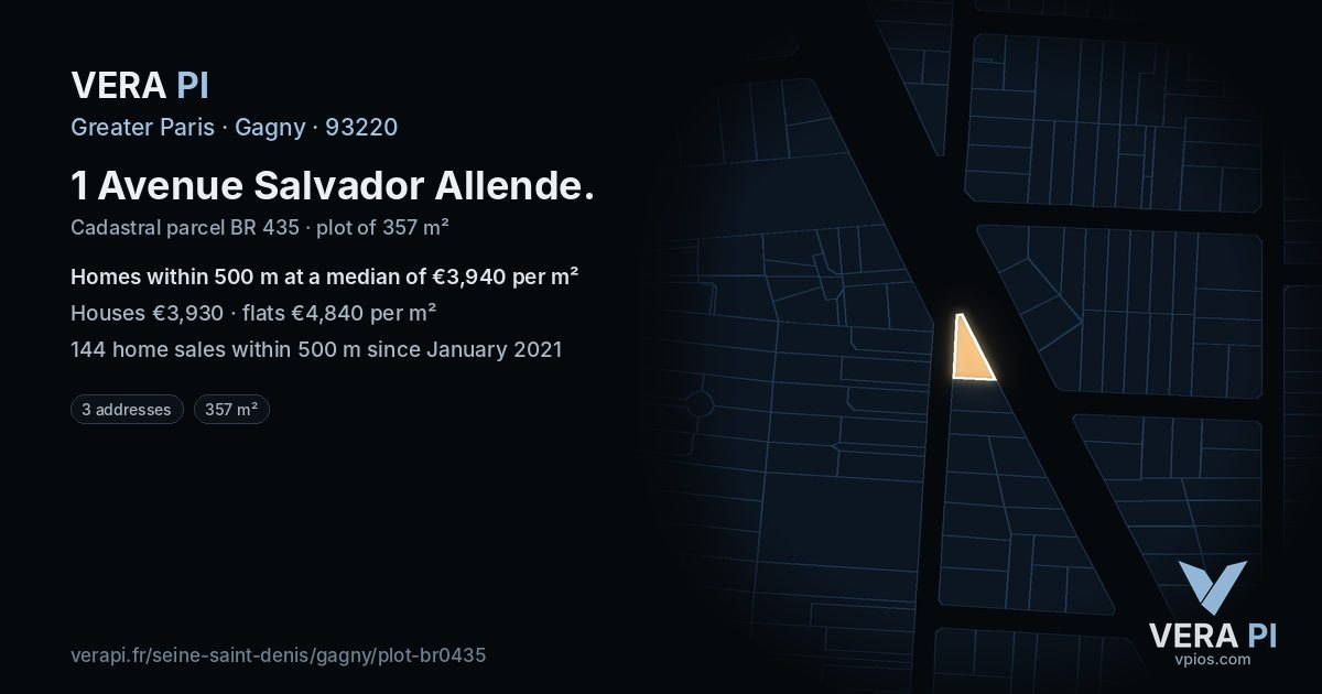 1 Avenue Salvador Allende, Gagny at night – the plot lit, the parcels around coloured by the prices near them