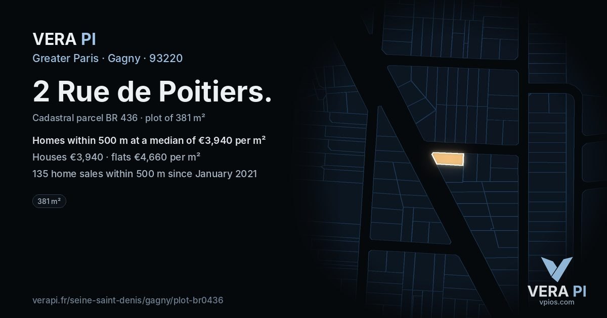 2 Rue de Poitiers, Gagny at night – the plot lit, the parcels around coloured by the prices near them