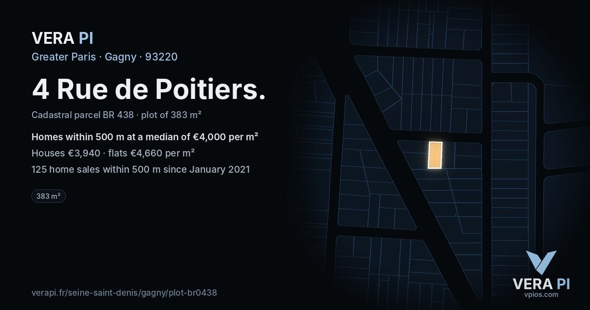 4 Rue de Poitiers, Gagny at night – the plot lit, the parcels around coloured by the prices near them