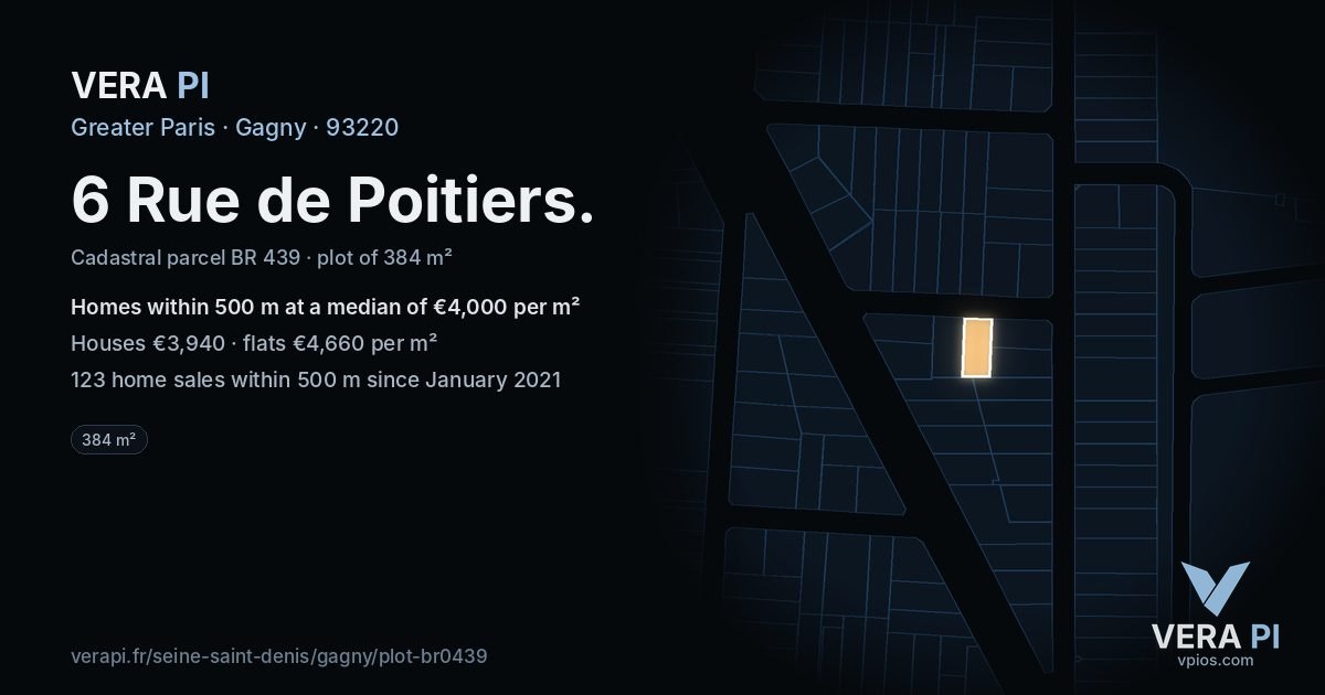 6 Rue de Poitiers, Gagny at night – the plot lit, the parcels around coloured by the prices near them