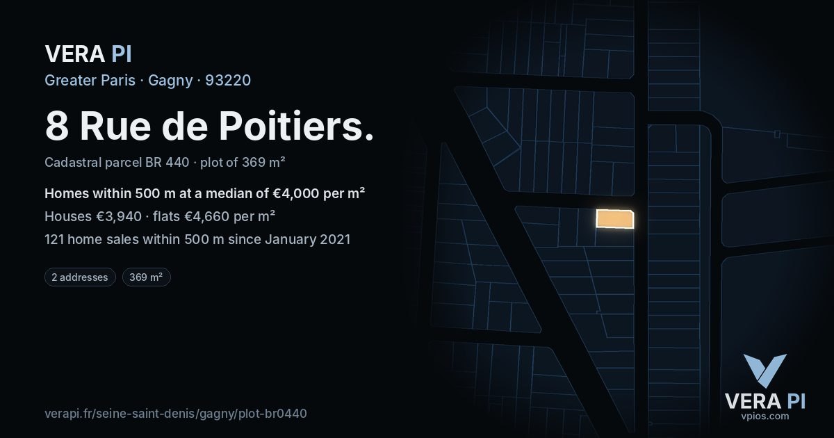 8 Rue de Poitiers, Gagny at night – the plot lit, the parcels around coloured by the prices near them