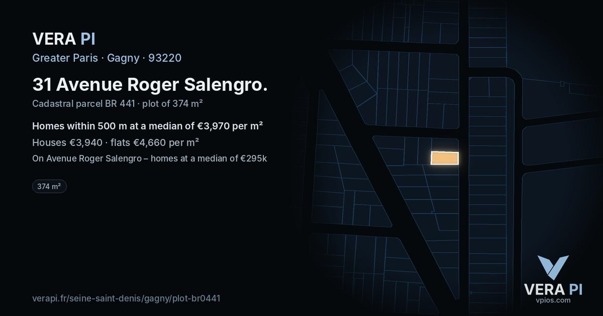 31 Avenue Roger Salengro, Gagny at night – the plot lit, the parcels around coloured by the prices near them