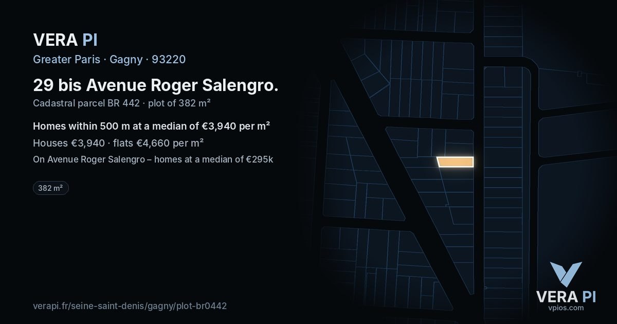 29 bis Avenue Roger Salengro, Gagny at night – the plot lit, the parcels around coloured by the prices near them