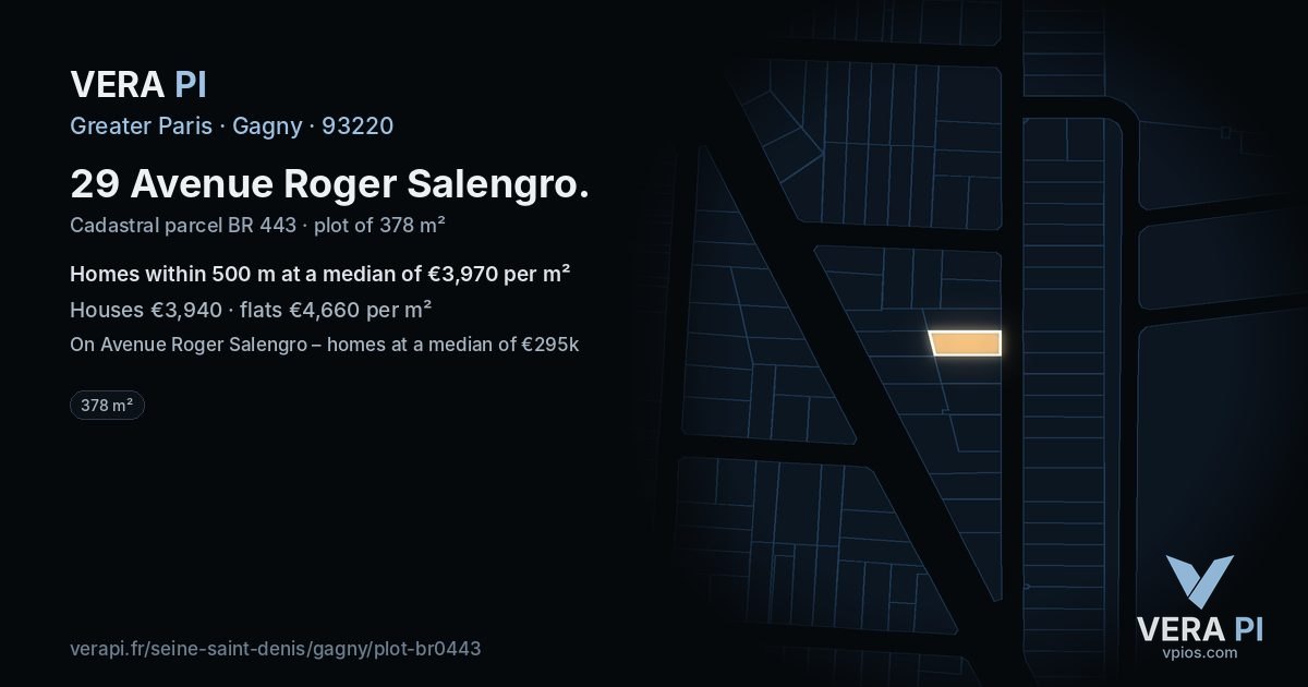 29 Avenue Roger Salengro, Gagny at night – the plot lit, the parcels around coloured by the prices near them