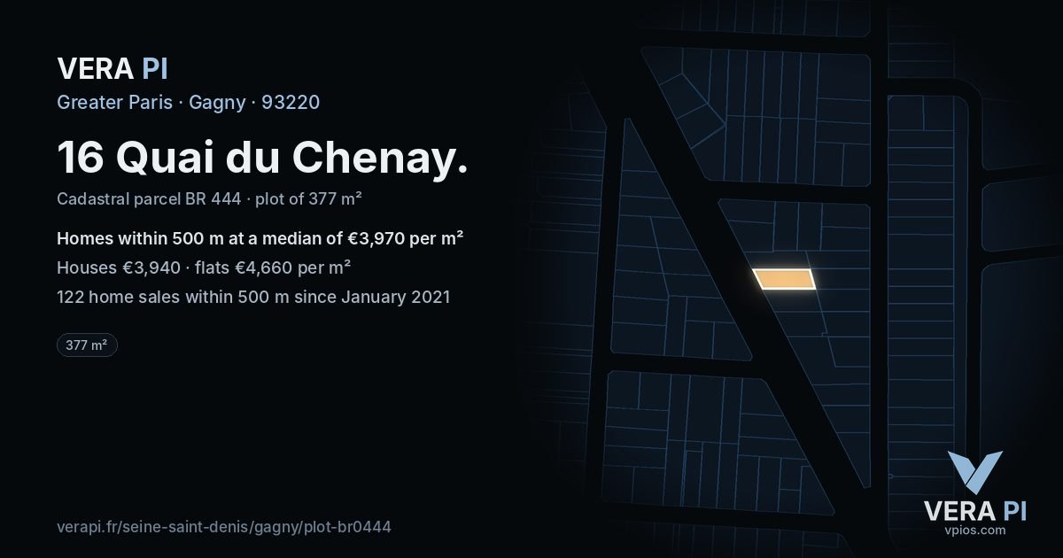 16 Quai du Chenay, Gagny at night – the plot lit, the parcels around coloured by the prices near them