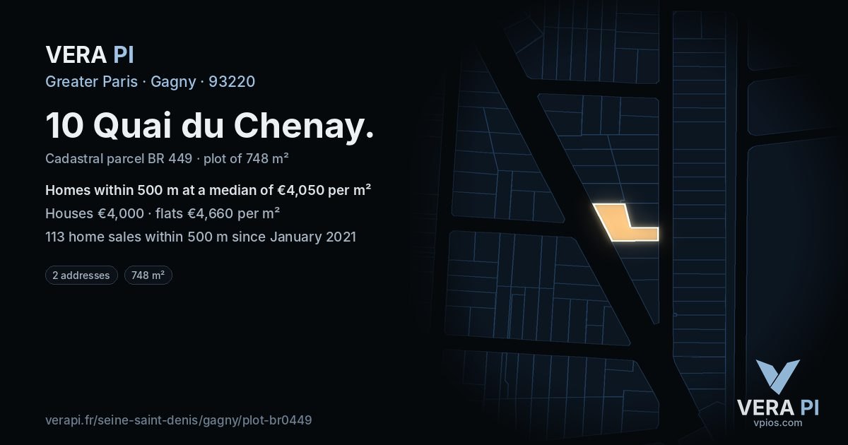 10 Quai du Chenay, Gagny at night – the plot lit, the parcels around coloured by the prices near them