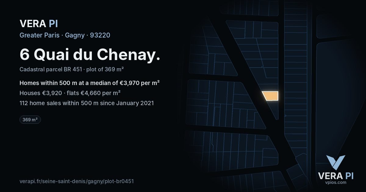 6 Quai du Chenay, Gagny at night – the plot lit, the parcels around coloured by the prices near them