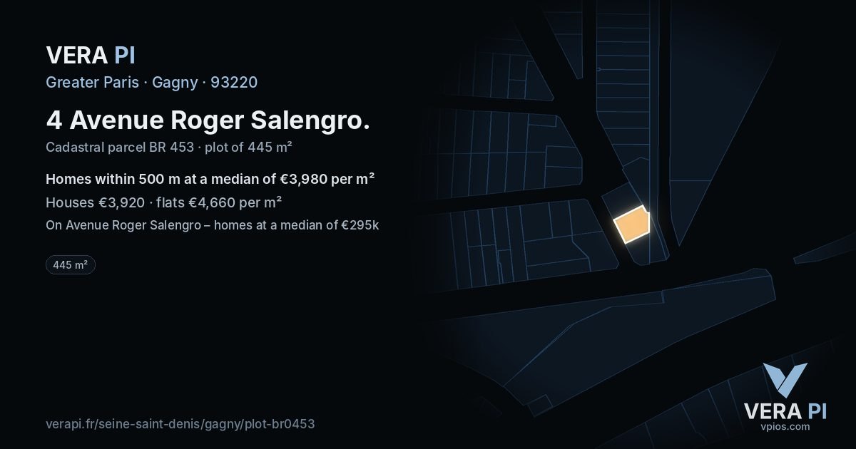 4 Avenue Roger Salengro, Gagny at night – the plot lit, the parcels around coloured by the prices near them