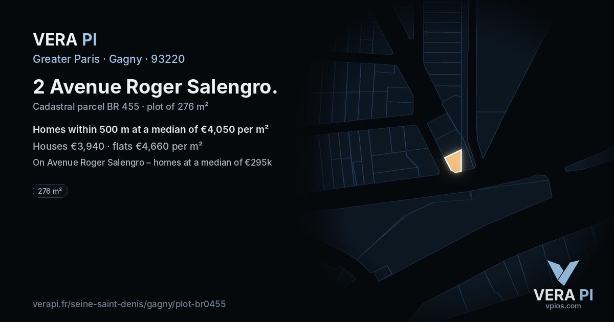 2 Avenue Roger Salengro, Gagny at night – the plot lit, the parcels around coloured by the prices near them