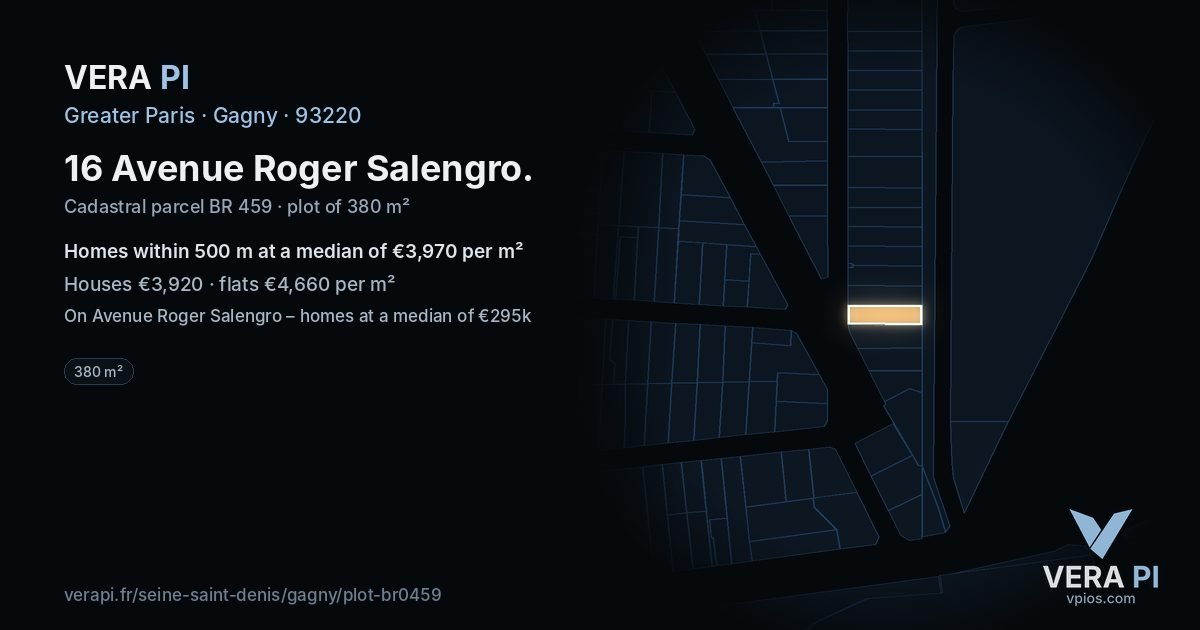 16 Avenue Roger Salengro, Gagny at night – the plot lit, the parcels around coloured by the prices near them