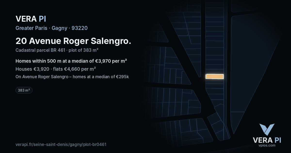 20 Avenue Roger Salengro, Gagny at night – the plot lit, the parcels around coloured by the prices near them