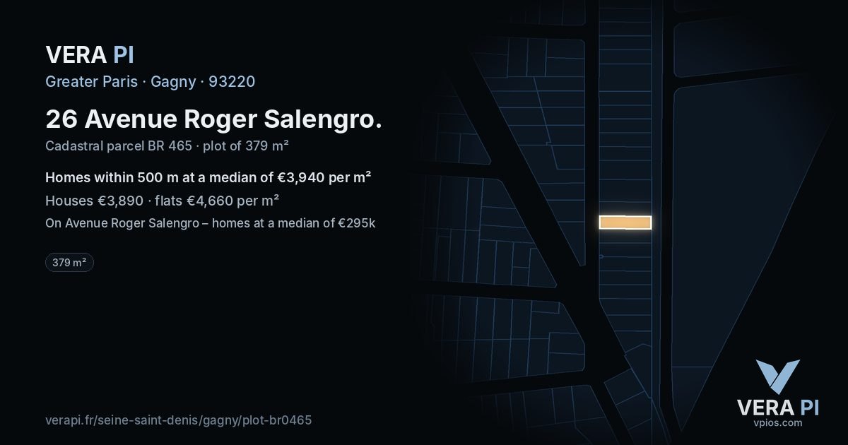 26 Avenue Roger Salengro, Gagny at night – the plot lit, the parcels around coloured by the prices near them