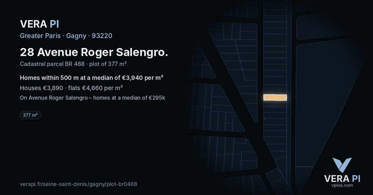 28 Avenue Roger Salengro, Gagny at night – the plot lit, the parcels around coloured by the prices near them