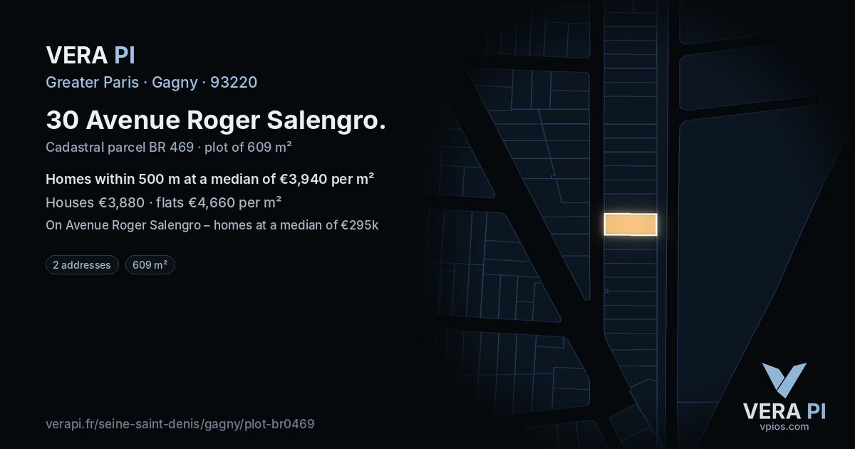 30 Avenue Roger Salengro, Gagny at night – the plot lit, the parcels around coloured by the prices near them