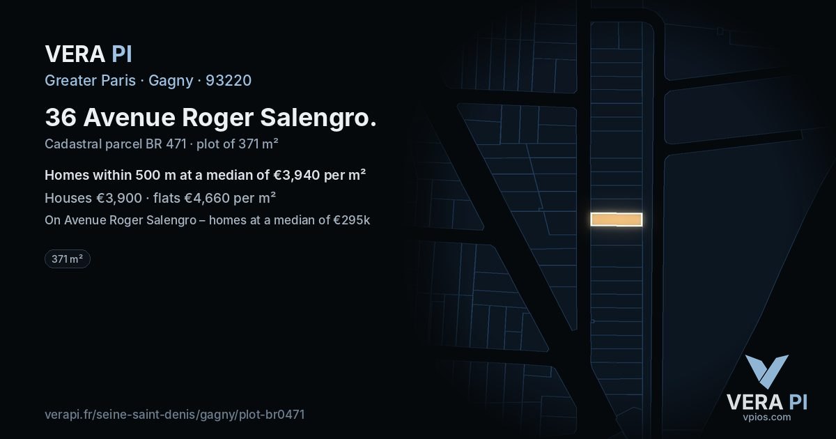 36 Avenue Roger Salengro, Gagny at night – the plot lit, the parcels around coloured by the prices near them