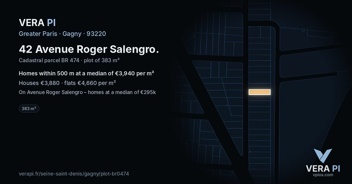 42 Avenue Roger Salengro, Gagny at night – the plot lit, the parcels around coloured by the prices near them