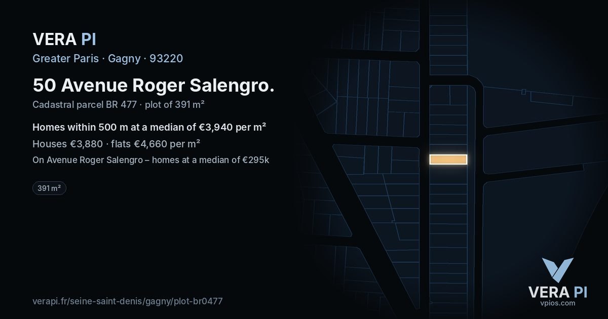50 Avenue Roger Salengro, Gagny at night – the plot lit, the parcels around coloured by the prices near them