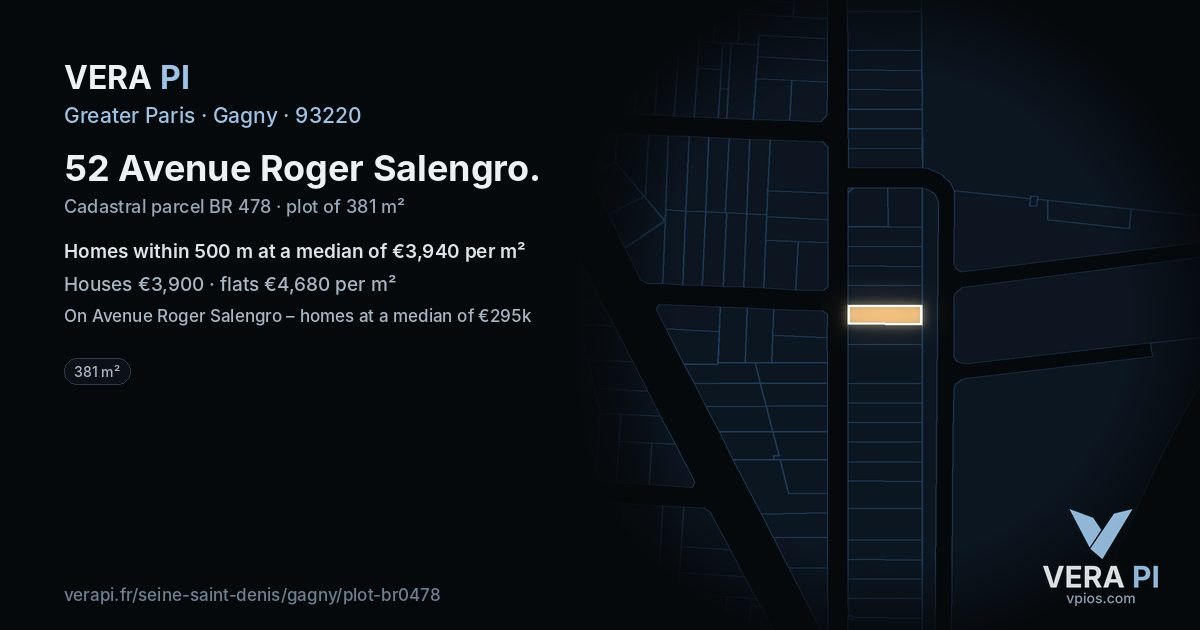 52 Avenue Roger Salengro, Gagny at night – the plot lit, the parcels around coloured by the prices near them