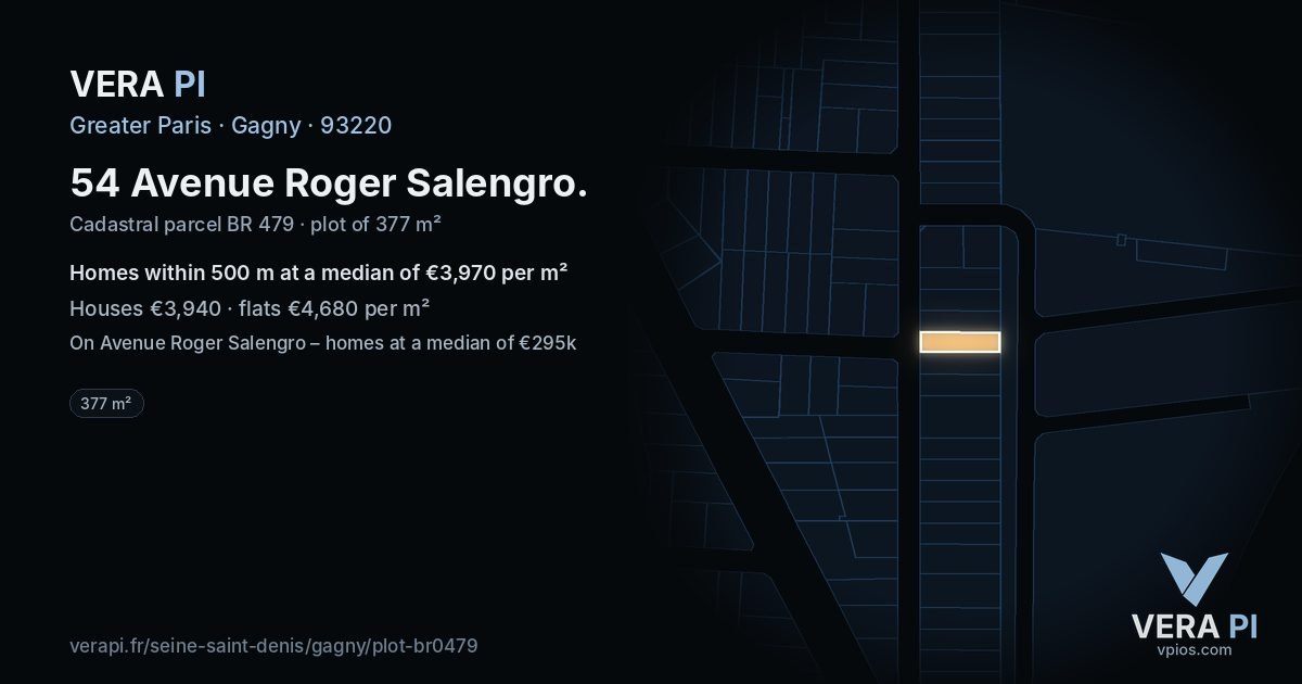 54 Avenue Roger Salengro, Gagny at night – the plot lit, the parcels around coloured by the prices near them