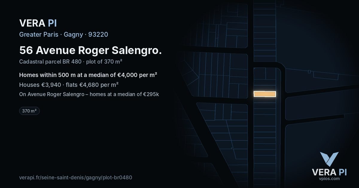 56 Avenue Roger Salengro, Gagny at night – the plot lit, the parcels around coloured by the prices near them