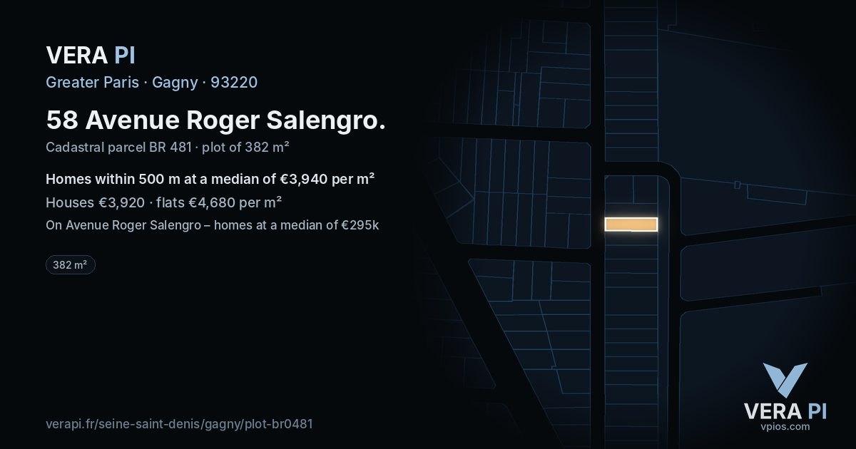 58 Avenue Roger Salengro, Gagny at night – the plot lit, the parcels around coloured by the prices near them