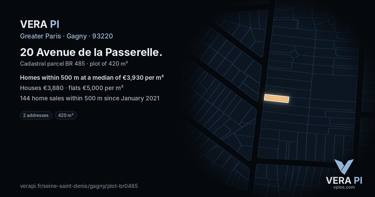 20 Avenue de la Passerelle, Gagny at night – the plot lit, the parcels around coloured by the prices near them