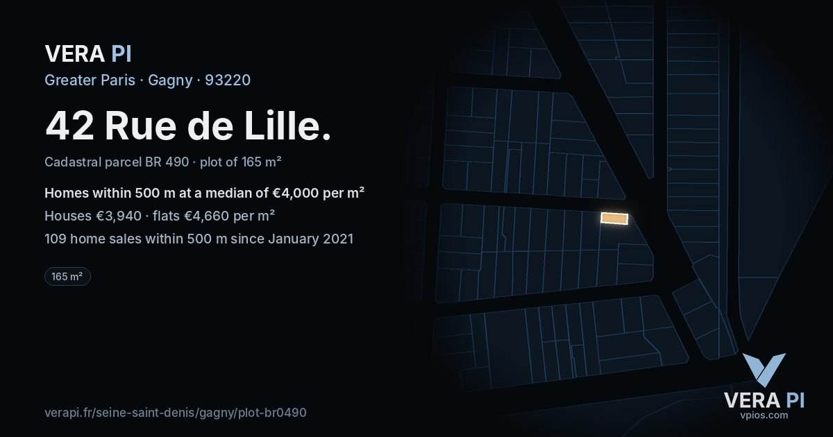 42 Rue de Lille, Gagny at night – the plot lit, the parcels around coloured by the prices near them