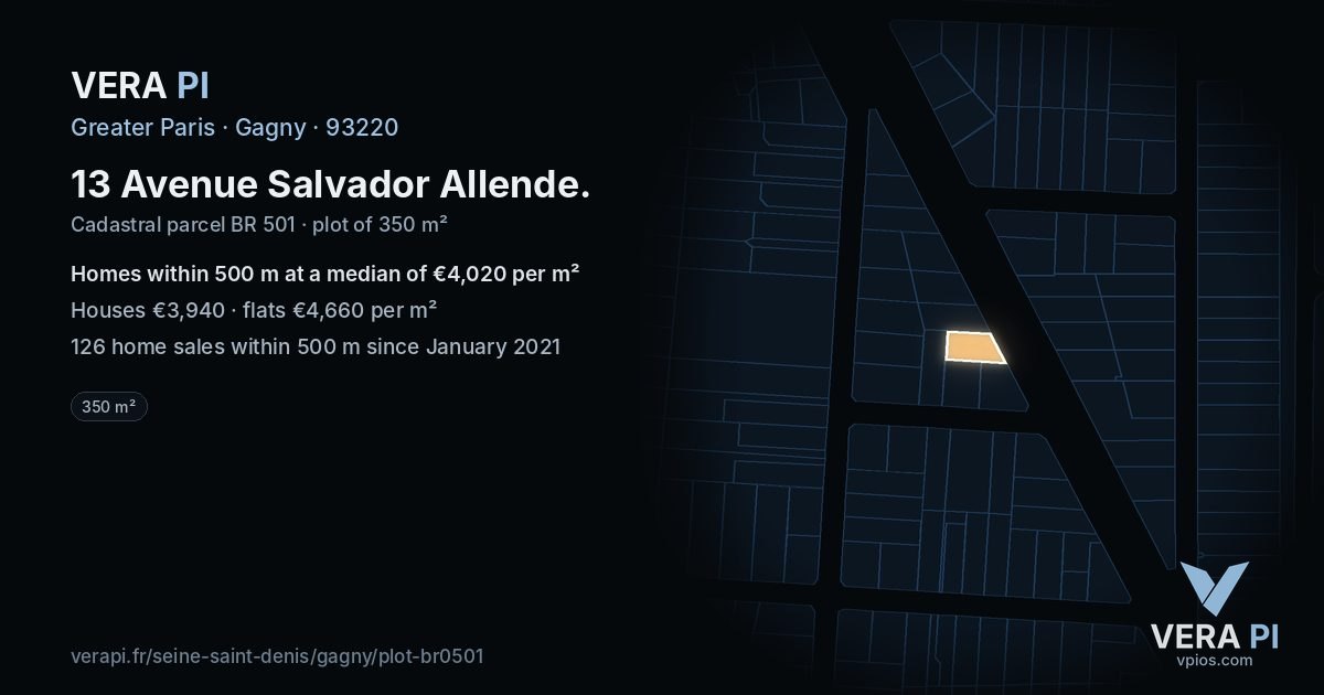 13 Avenue Salvador Allende, Gagny at night – the plot lit, the parcels around coloured by the prices near them