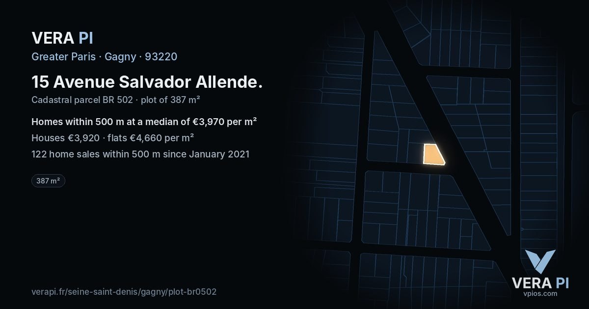 15 Avenue Salvador Allende, Gagny at night – the plot lit, the parcels around coloured by the prices near them