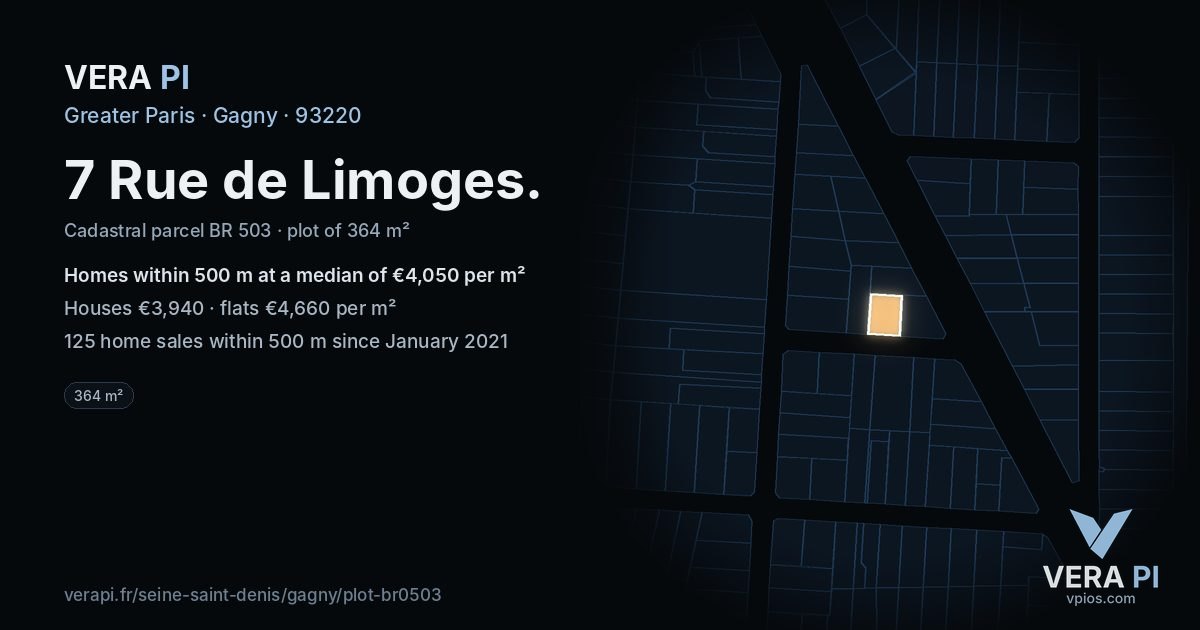 7 Rue de Limoges, Gagny at night – the plot lit, the parcels around coloured by the prices near them