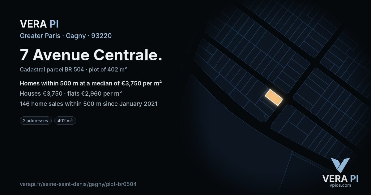 7 Avenue Centrale, Gagny at night – the plot lit, the parcels around coloured by the prices near them