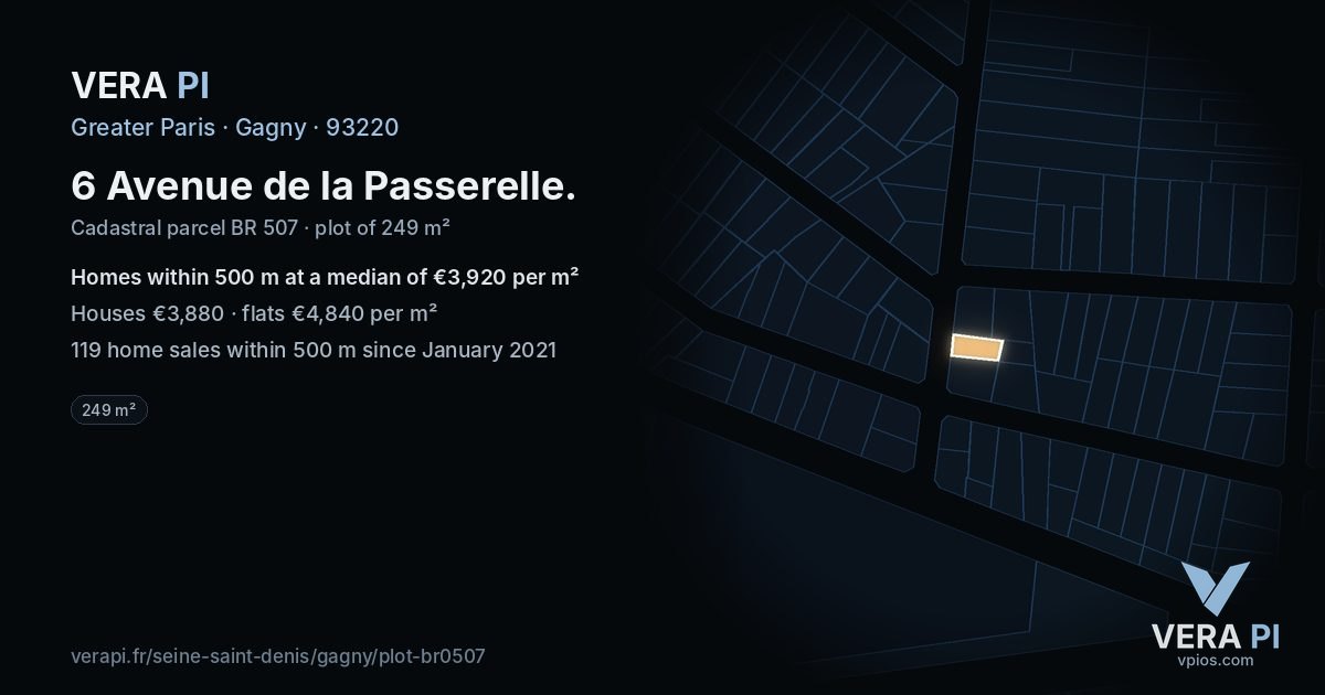 6 Avenue de la Passerelle, Gagny at night – the plot lit, the parcels around coloured by the prices near them
