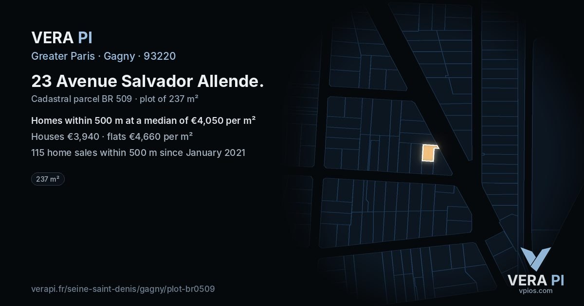 23 Avenue Salvador Allende, Gagny at night – the plot lit, the parcels around coloured by the prices near them