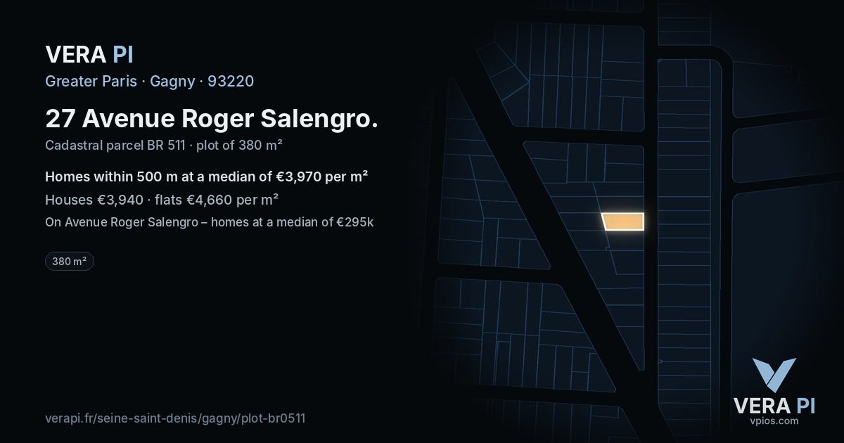 27 Avenue Roger Salengro, Gagny at night – the plot lit, the parcels around coloured by the prices near them