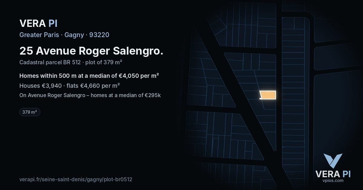25 Avenue Roger Salengro, Gagny at night – the plot lit, the parcels around coloured by the prices near them