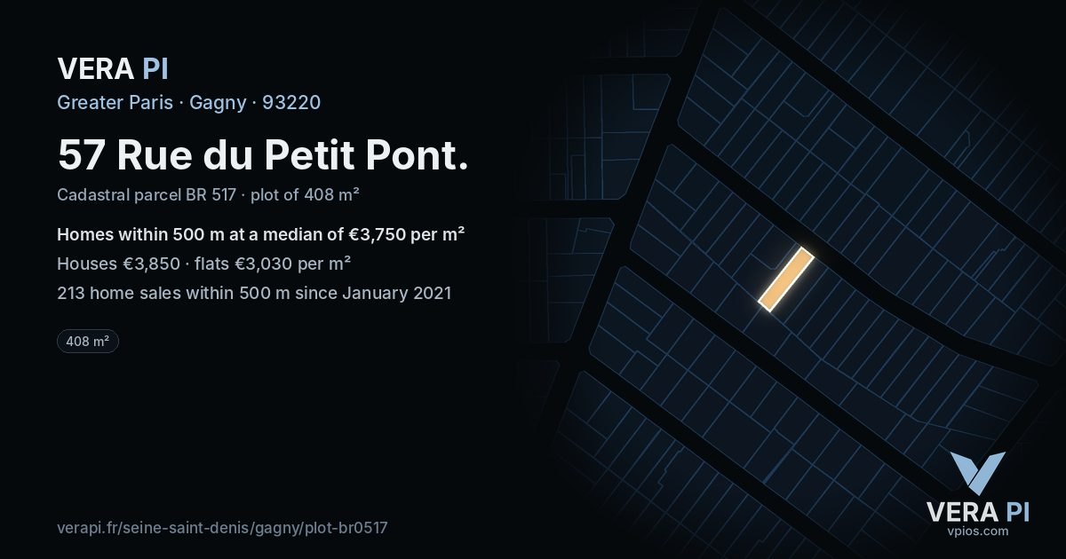 57 Rue du Petit Pont, Gagny at night – the plot lit, the parcels around coloured by the prices near them