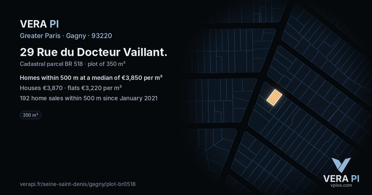 29 Rue du Docteur Vaillant, Gagny at night – the plot lit, the parcels around coloured by the prices near them
