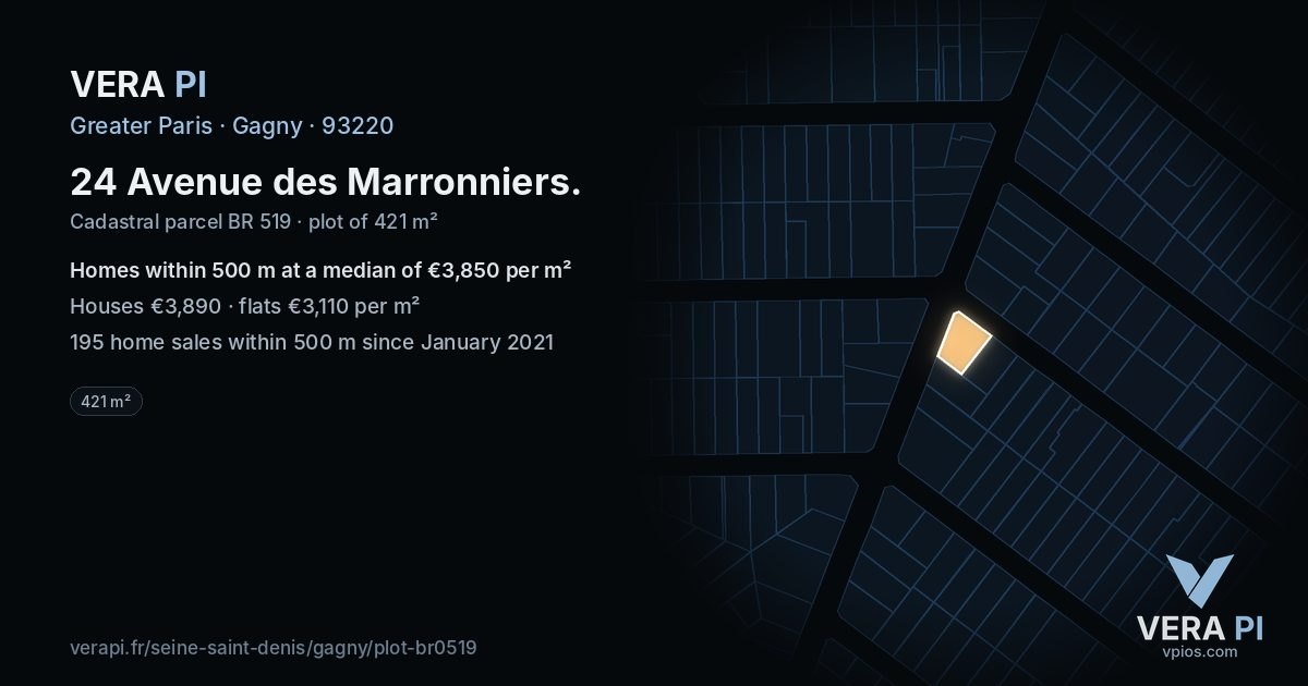 24 Avenue des Marronniers, Gagny at night – the plot lit, the parcels around coloured by the prices near them