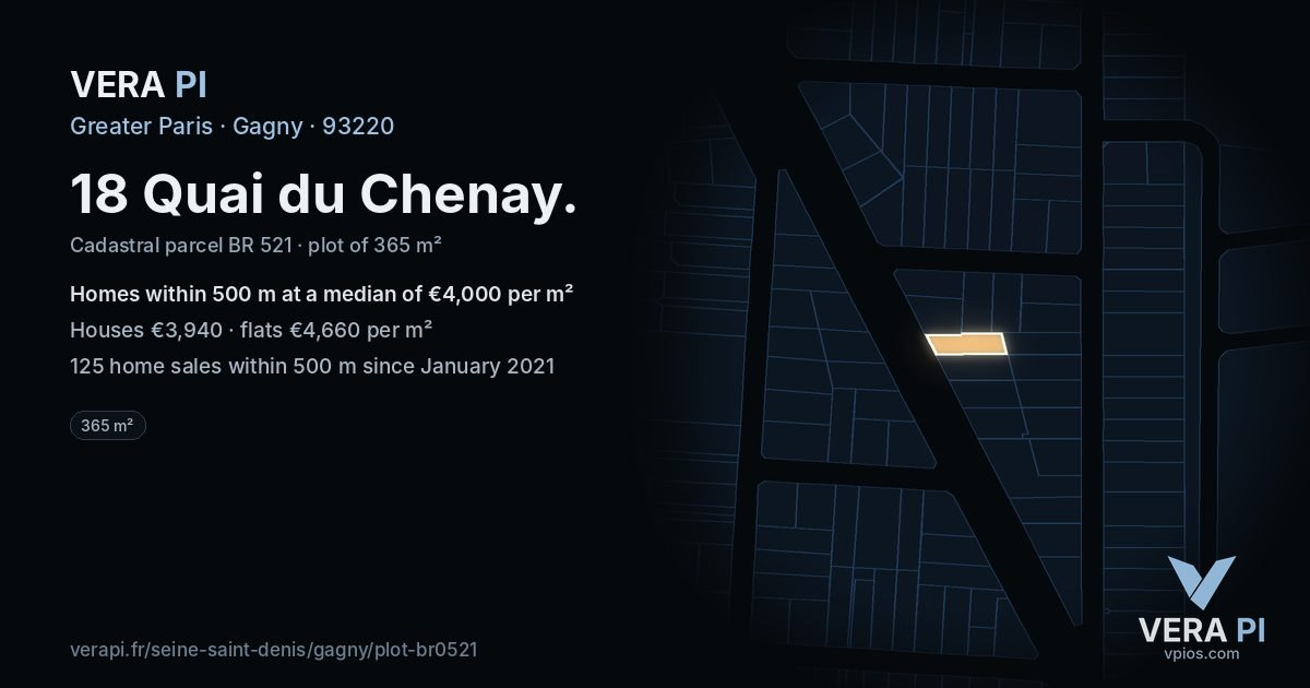 18 Quai du Chenay, Gagny at night – the plot lit, the parcels around coloured by the prices near them