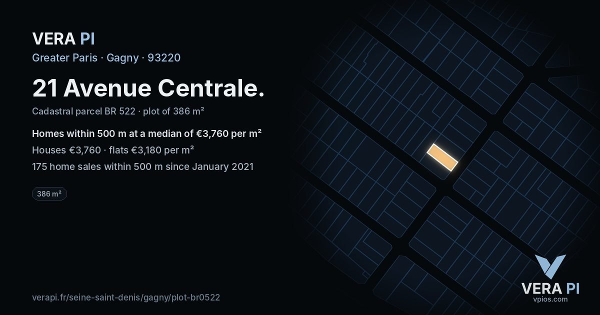 21 Avenue Centrale, Gagny at night – the plot lit, the parcels around coloured by the prices near them