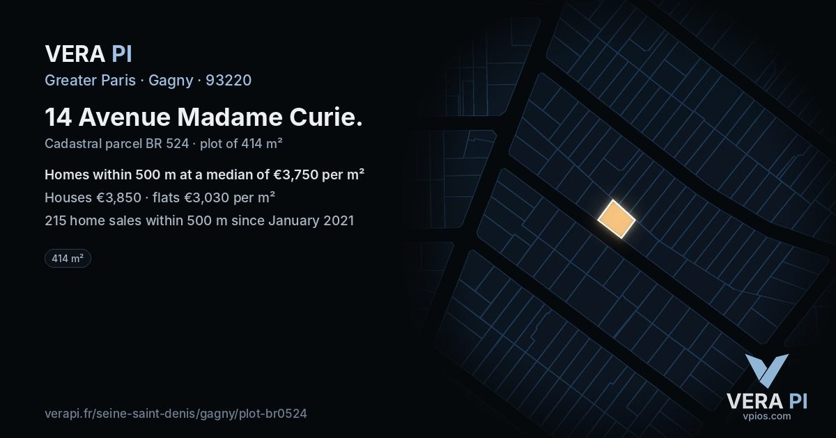14 Avenue Madame Curie, Gagny at night – the plot lit, the parcels around coloured by the prices near them