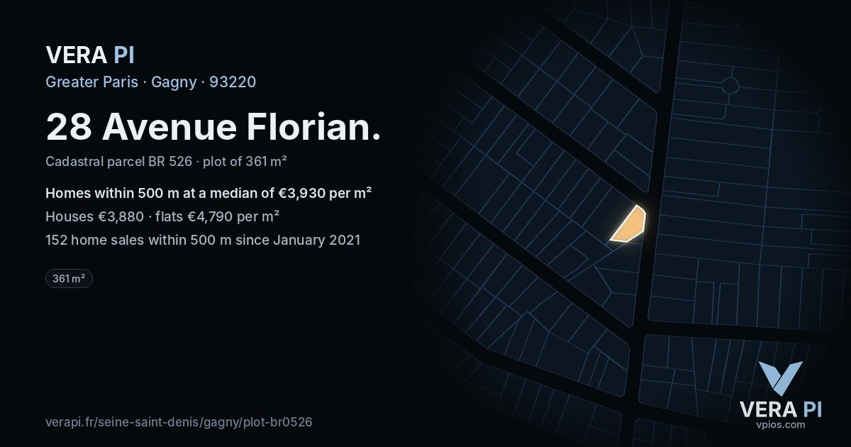 28 Avenue Florian, Gagny at night – the plot lit, the parcels around coloured by the prices near them