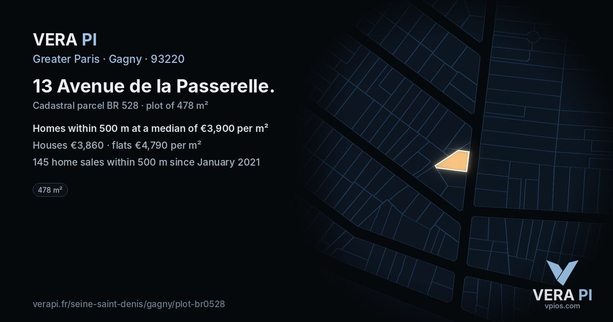 13 Avenue de la Passerelle, Gagny at night – the plot lit, the parcels around coloured by the prices near them