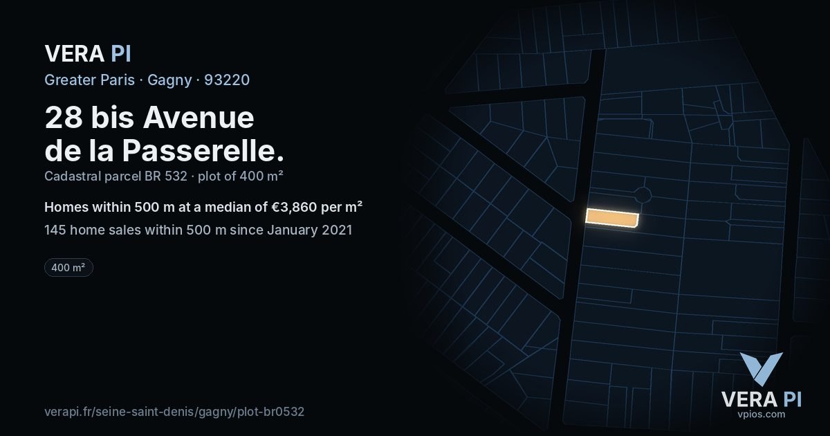 28 bis Avenue de la Passerelle, Gagny at night – the plot lit, the parcels around coloured by the prices near them