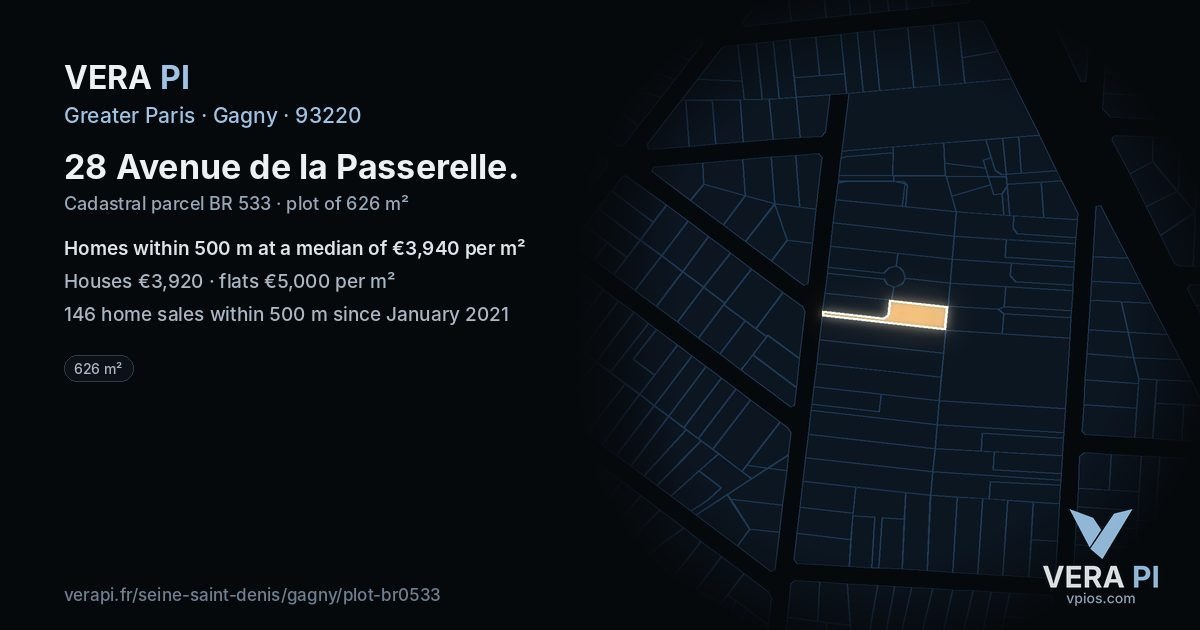 28 Avenue de la Passerelle, Gagny at night – the plot lit, the parcels around coloured by the prices near them
