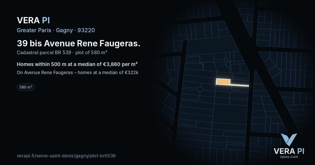 39 bis Avenue Rene Faugeras, Gagny at night – the plot lit, the parcels around coloured by the prices near them