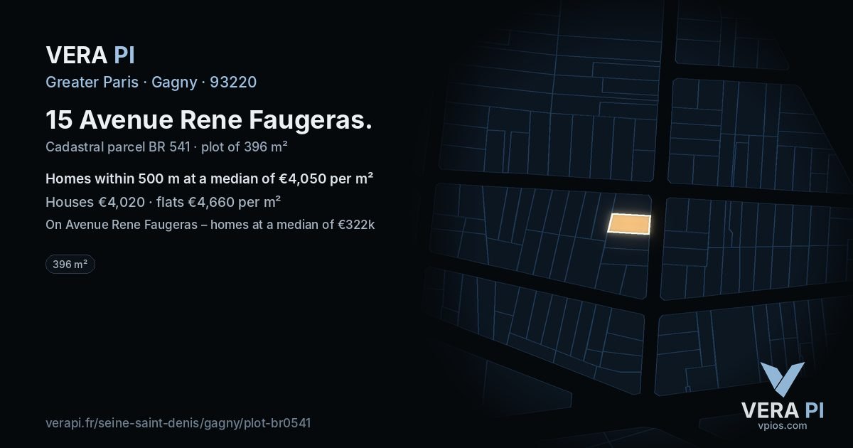15 Avenue Rene Faugeras, Gagny at night – the plot lit, the parcels around coloured by the prices near them