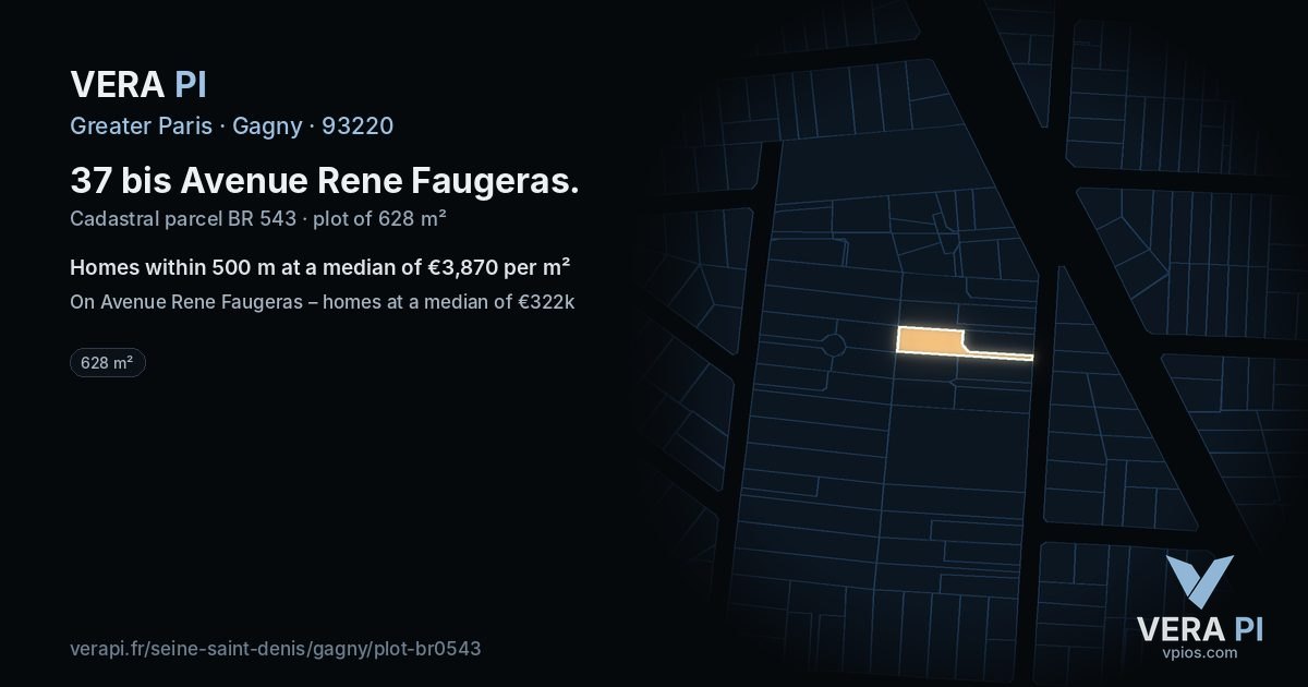 37 bis Avenue Rene Faugeras, Gagny at night – the plot lit, the parcels around coloured by the prices near them